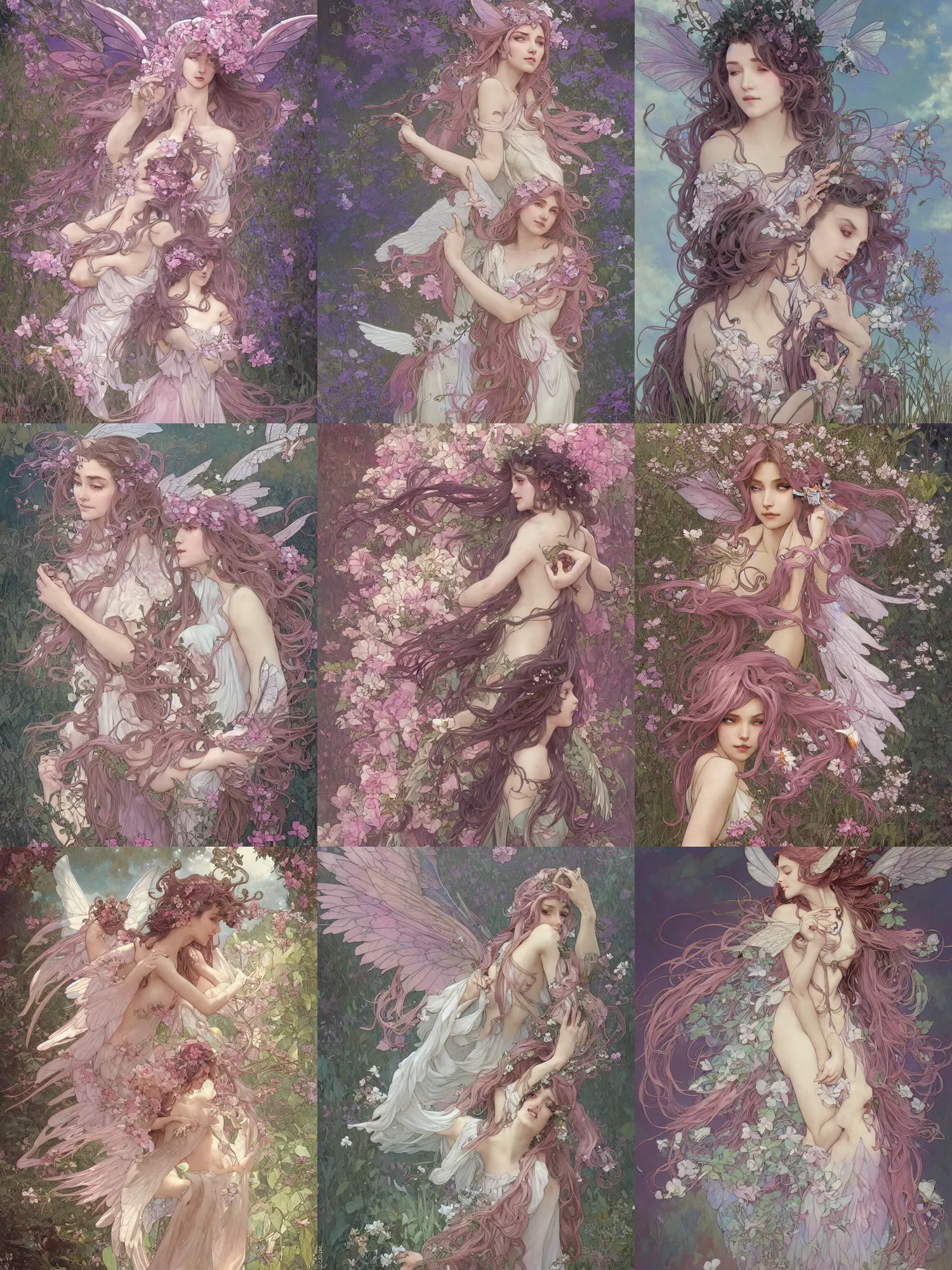 Prompt: d & d style a pink beautiful fairy with large wings and flowing hair is exploring her flower garden, art by artgerm and greg rutkowski and alphonse mucha, extremely detailed, muted colors, negative space