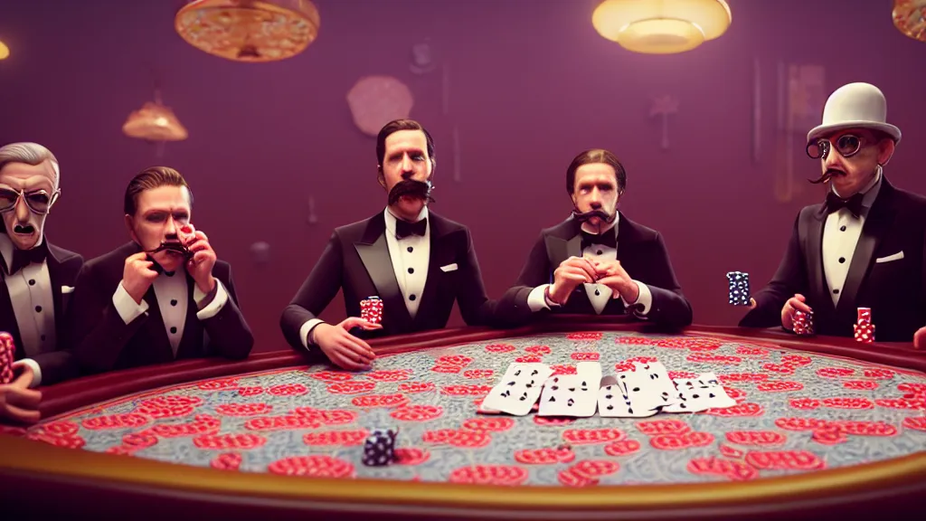 Prompt: hyperrealism simulation highly detailed human octopuses'wearing detailed tuxedos and smoking, playing poker in surreal scene from art house movie from future by wes anderson and denis villeneuve and mike winkelmann rendered in blender and octane render