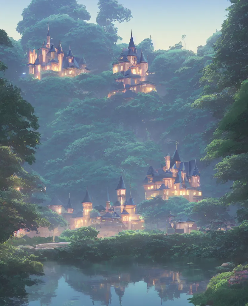 Prompt: beautiful a digital painting of chateau in a serene landscape, romantic, disney, by makoto shinkai, beeble, ohara koson, and james gilleard, beautiful matte painting, cg, retrowave, 4 k hd wallpaper, trending on artstation, highly detailed