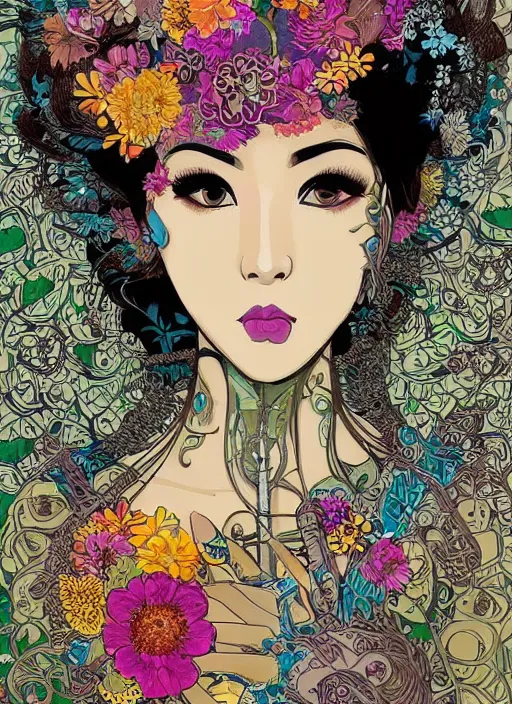 Prompt: !!! very coherent!!! beautiful floralpunk balinese cyborg portrait girl female illustration detailed patterns art of bali traditional dress, flower pop art, floral splash painting, art by geof darrow, ashley wood, alphonse mucha, makoto shinkai, dark shadow, colorful high contrast