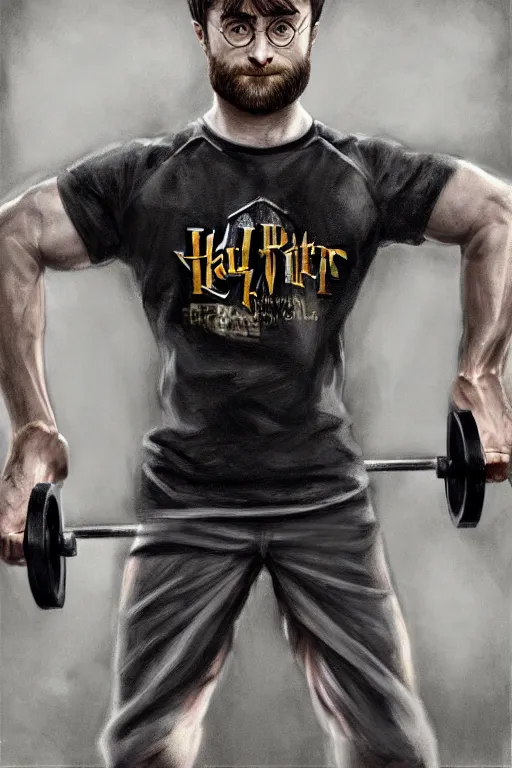 Image similar to highly detailed rendering of Daniel Radcliffe as Harry Potter doing barbell back squats, dingy workout gym, wearing a muscle tee shirt, muscular deep squats, symmetrical, highly detailed, digital painting, artstation, concept art, smooth, sharp focus, illustration, cinematic lighting, art by artgerm and greg rutkowski and alphonse mucha