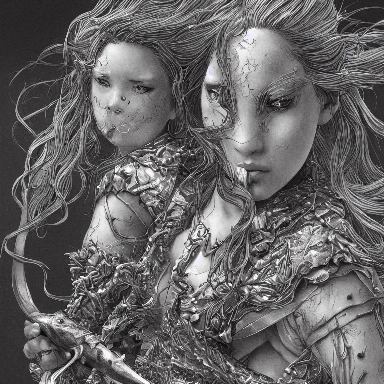 Image similar to young river goddess, realistic proportions, sharp focus, beautiful face, in goldfish armor, wielding a fish sword, symmetrical, highly detailed, engraving kentaro miura manga art style trending on artstation 8 k