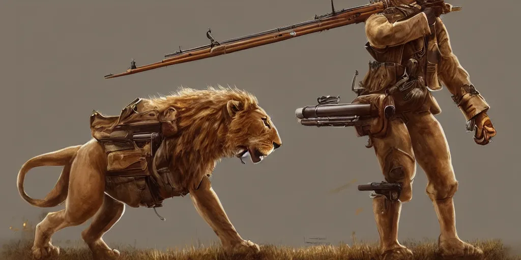 Image similar to Full body concept art of A High fantasy WW1 lion firing a heavy shotgun trending on artstation deviantart Pinterest detailed High Resolution HD 8k