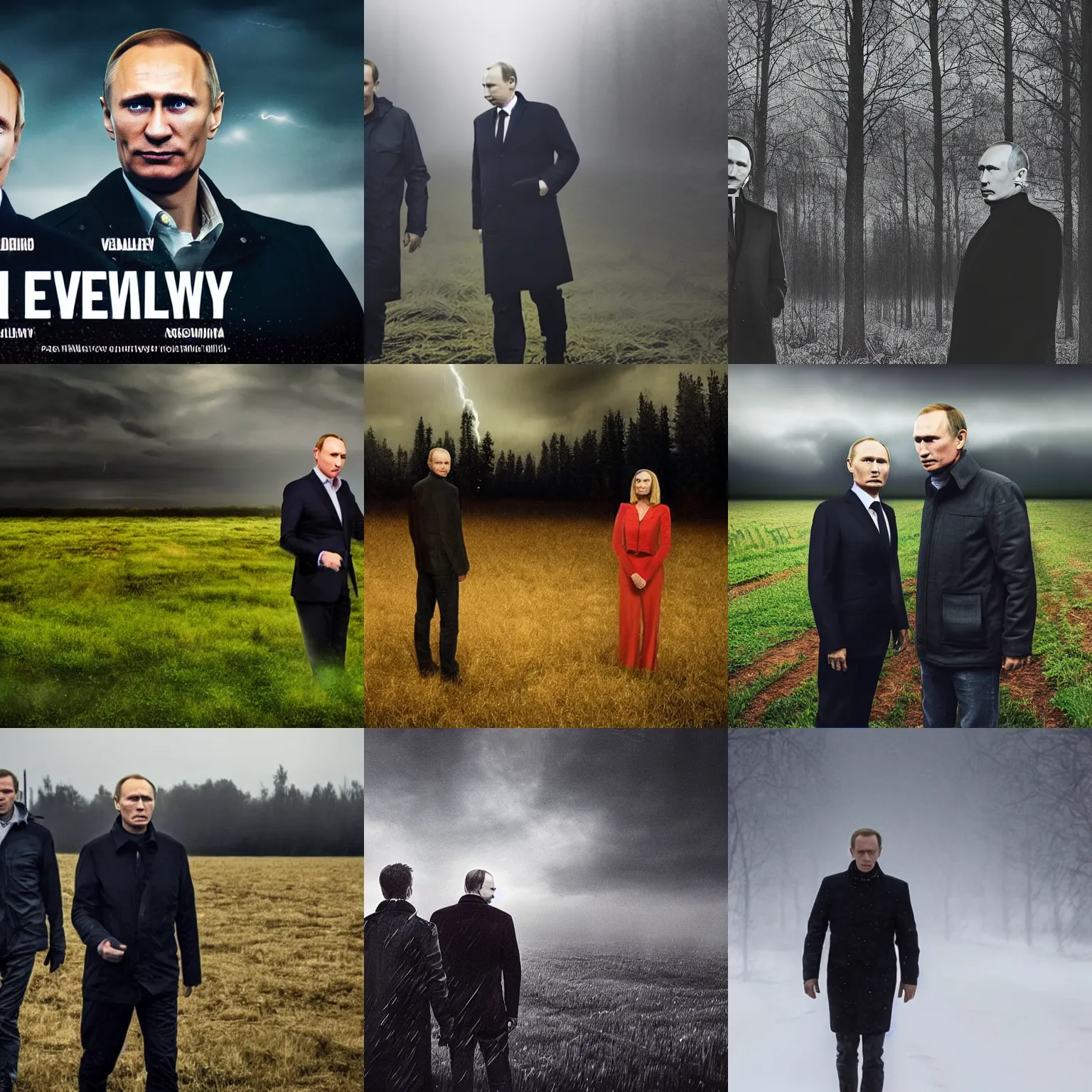 Prompt: alexei navalny with vladimir putin together in the dark gloomy field, midnight, creepy, skary, horror movie, thunder, realistic, 8k, detailed, perfect composition