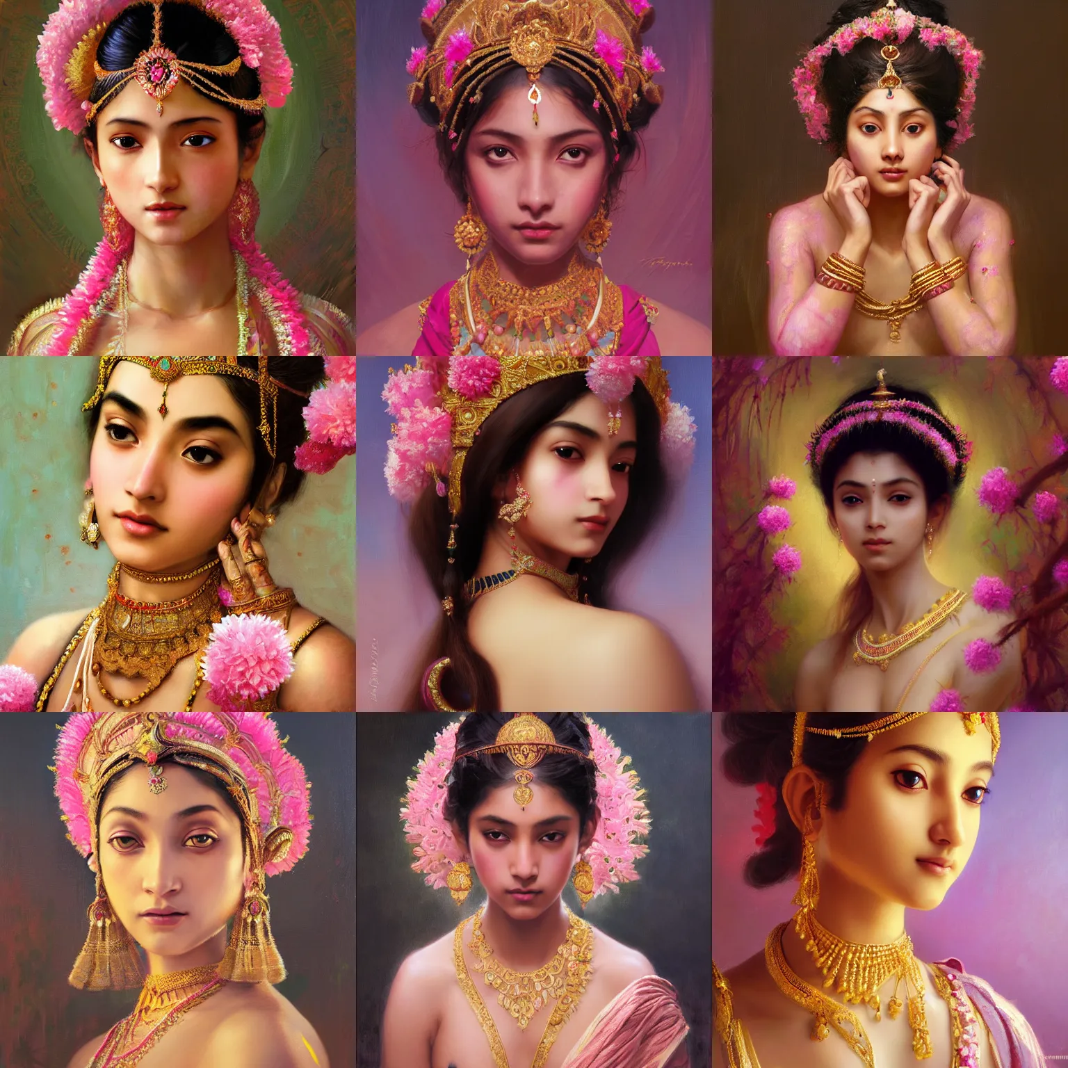 Prompt: expressive oil painting, of beautiful indian princess, smooth glowing skin, ornate headpiece made from pink flowers, glamour shot, by yoshitaka amano, by bouguereau, by greg rutkowski, by jeremyg lipkinng, by artgerm, digital art, octane render