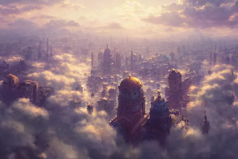 Prompt: ultra realistic city floating on clouds, colors, 8 k, hd, details, fantasy, epic, ancient city, illustration concept art anime key visual trending pixiv fanbox by wlop and greg rutkowski and makoto shinkai and studio ghibli and kyoto animation symmetrical facial features