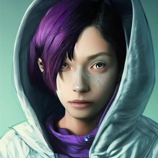 Prompt: a pale skinny young girl with purple hair, the hime cut, 1 8, in a black hoodie, and a cat, apex legends character, digital illustration portrait design, by android jones and greg rutkowski, detailed, cinematic lighting, wide angle action dynamic portrait