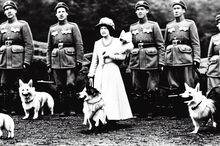 Image similar to ultra wide historical far away photo of young queen elizabeth and her corgi army conquering nazi germany, sharp focus, highly detailed