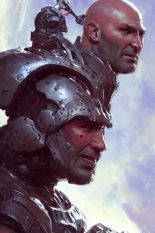 Image similar to portrait of hulking giant dave bautista in futuristic scifi battle armour by norman rockwell and mandy jurgens and john singer sargent, character concept art artstation'