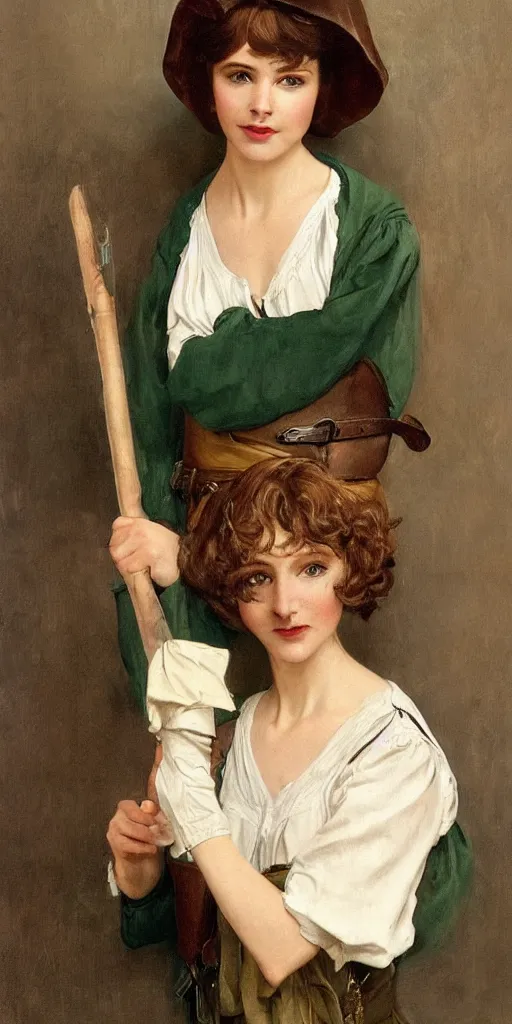 Image similar to a beautiful woman, beauty, high cheek bones, half onesided smile, mischievous, bard, brown hair, messy hairstyle, short hair, cream colored peasant shirt, brown pants, leather boots, dark green cloak, round hood, elf ears, youthful, white background, proportionate, by j.c. leyendecker, single face, trending on artstation, realistic, highly detailed, masterpiece