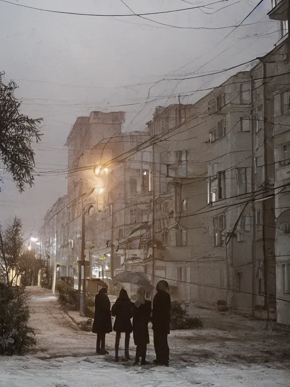 Image similar to film still of russian suburbs, lights are on in the windows, deep night, post - soviet courtyard, cozy atmosphere, light fog, street lamps with orange light, several birches nearby, several elderly people stand at the entrance to the building