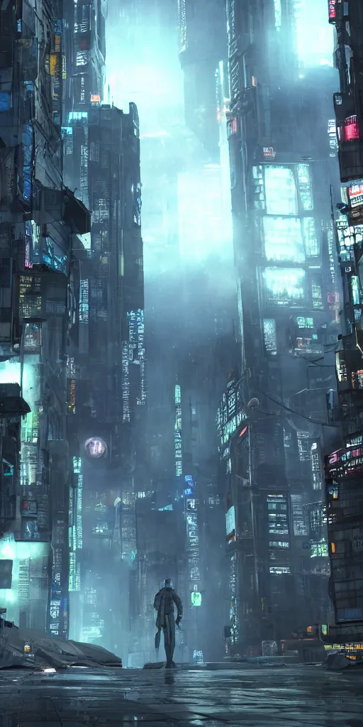 Image similar to a cyberpunk under-dweller in a sprawling Russian Moon city called New Moscow, Koji Morimoto, Akira, Blade Runner, Necromunda, rendered in unreal engine 3D, octane render, volumetric lighting, anti aliasing, clean linework