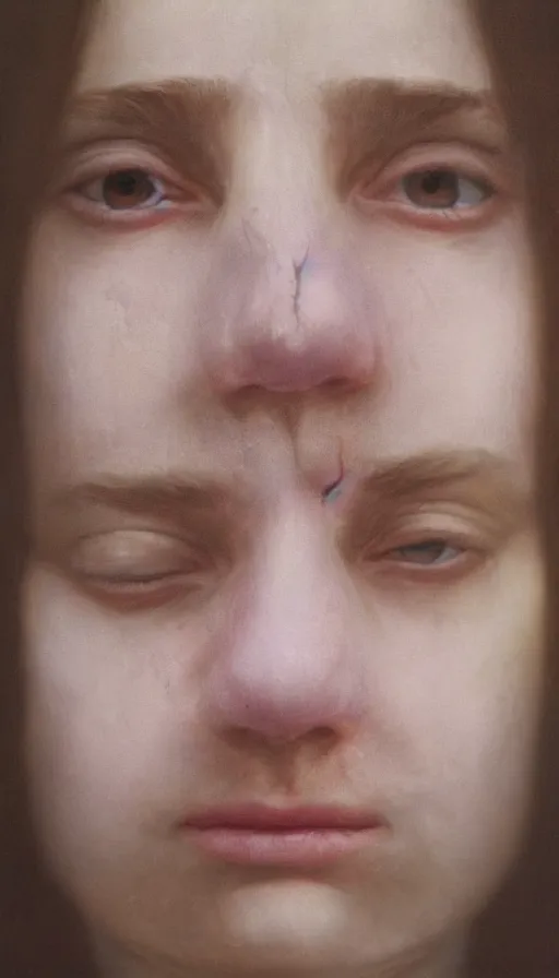 Image similar to cinematic portrait of young and severe woman with a crooked nose, intricate, elegant, by alyssa monks, highly detailed, symmetrical face, fine details, masterpiece, trending on artstation