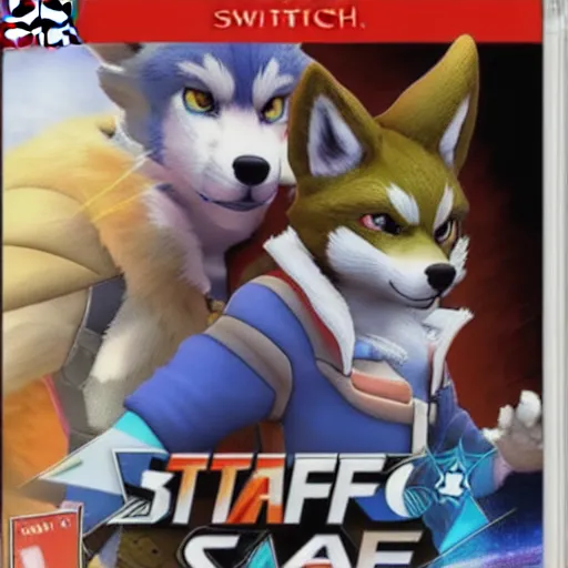 Prompt: nintendo switch box cover of a new starfox spinoff action game featuring anthro fursona furry wolf o'donnell and his space cadet crew, rated t for teen