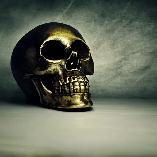 Prompt: a dark ominous chiaroscuro baroque still life photo of a single ray of light shining on a floating golden skull completely engraved in ancient runic inscriptions, messages, prophecies, spells by billelis. ominous darkness background. weirdcore