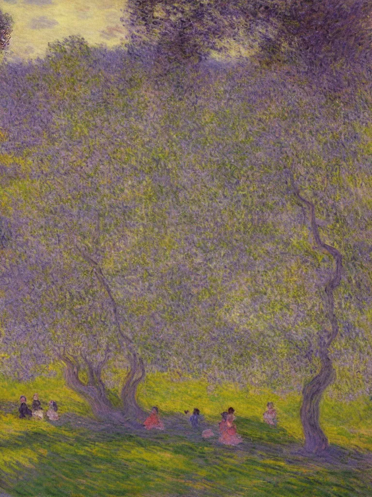 Prompt: gauzy impressionist painting of my backyard with an old apple tree with people! dancing at twilight, purplish cast long shadows, color oil painting by claude monet and piet mondrian, cosmic trending on artstation 8 k