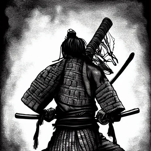 Image similar to a portrait from behind of a samurai man vagabond that holds chains, detailed, illustration, concept art, ink style, sketch