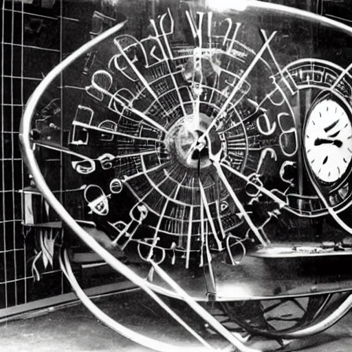 Image similar to albert einstein building intricate and complex clock time machine, vintage photograph