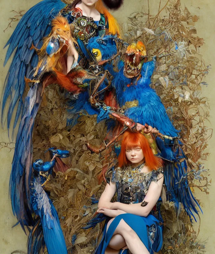 Image similar to a portrait photograph of a meditating fierce sadie sink as a colorful harpy bird super hero with blue mutated skin. she has animal skin grafts and cyborg body modifications and implants. by donato giancola, hans holbein, walton ford, gaston bussiere, peter mohrbacher and brian froud. 8 k, cgsociety, fashion editorial