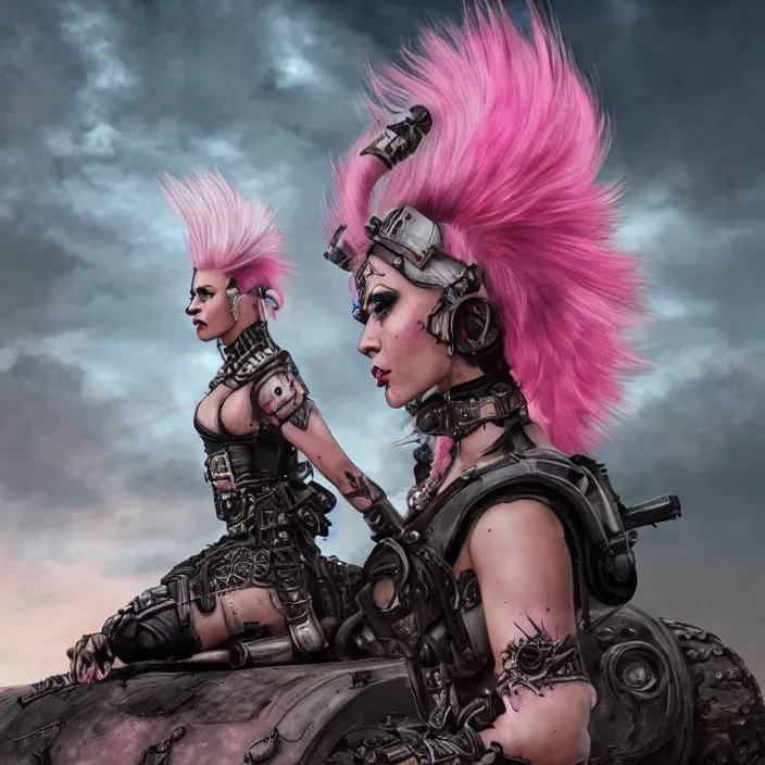 Image similar to beautiful apocalyptic woman with pink Mohawk, standing on mad max panzer tank, 4k ultra hd, fantasy dark art, tank girl, artgerm, concept art, artstation, octane render, elegant, detailed digital painting