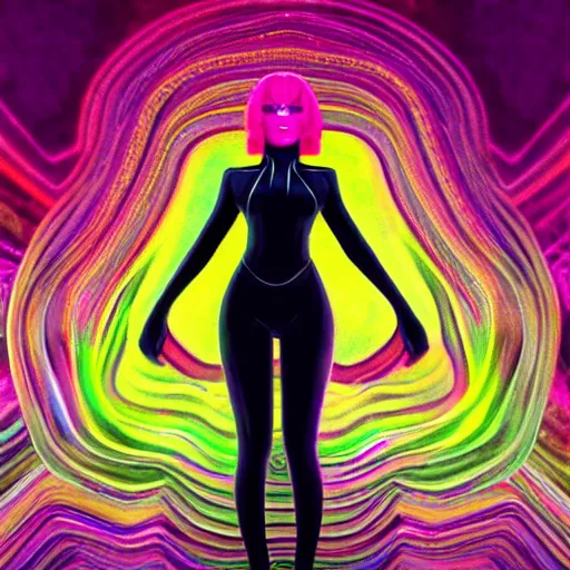 Image similar to long Shot of psychedelic Black widow standing in mysterious chromatic astral temple , stylish, lsd, soft, behance, cinematic, artwork by WLOP