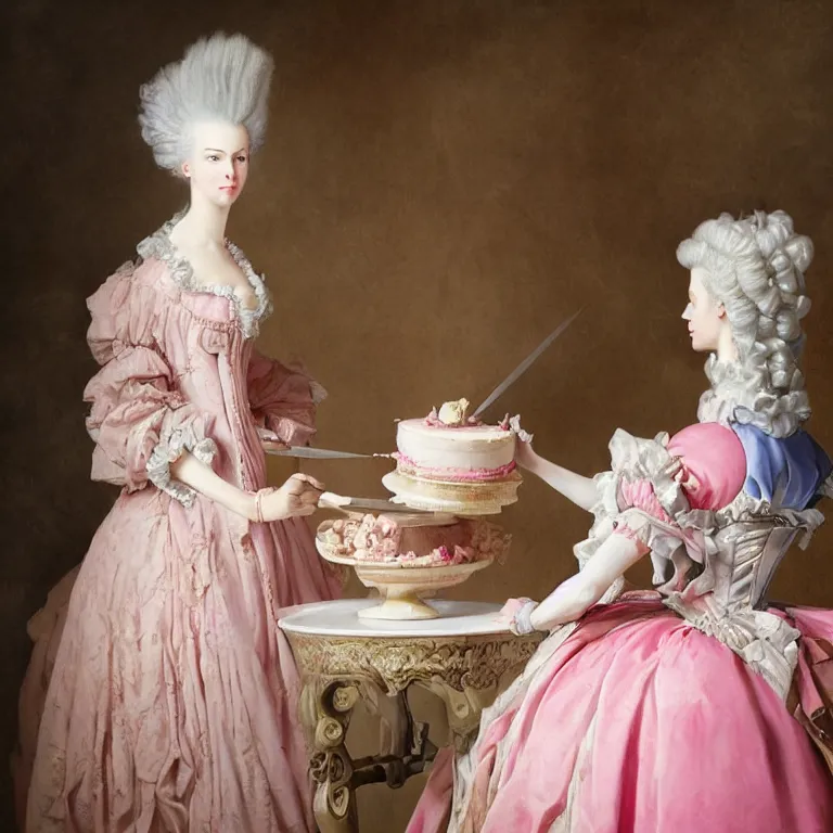 Image similar to Marie Antoinette cutting a pink cake. Baroque painting, trending on artstation, 50mm