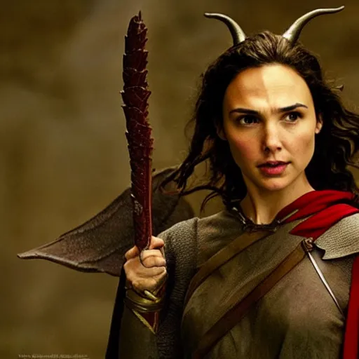 Image similar to a still from “ lord of the rings ” of a 3 5 mm photo portrait of gal gadot as a female red - skinned, flying, winged tiefling warlock, photo by phil noto