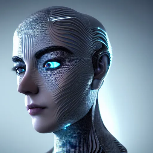 Image similar to portrait of a beautiful humanoid robot intricate mechanics, synthetic skin, futuristic ,octane render, 8k, dramatic lighting