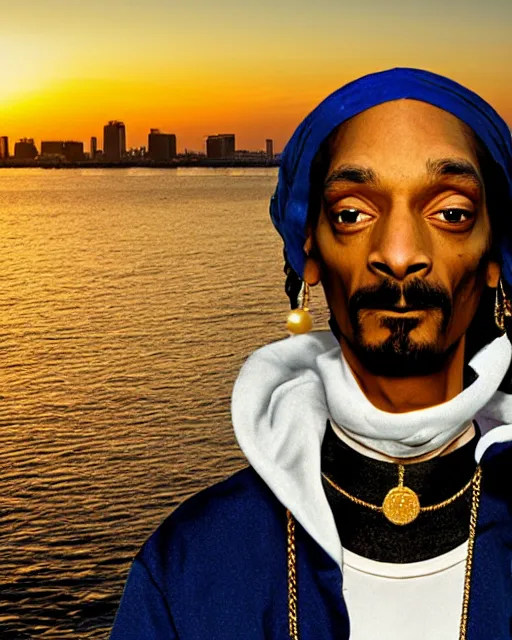 Prompt: snoop Dogg dressed as The girl with the pearl earring, smoking, Long Beach background, sunset