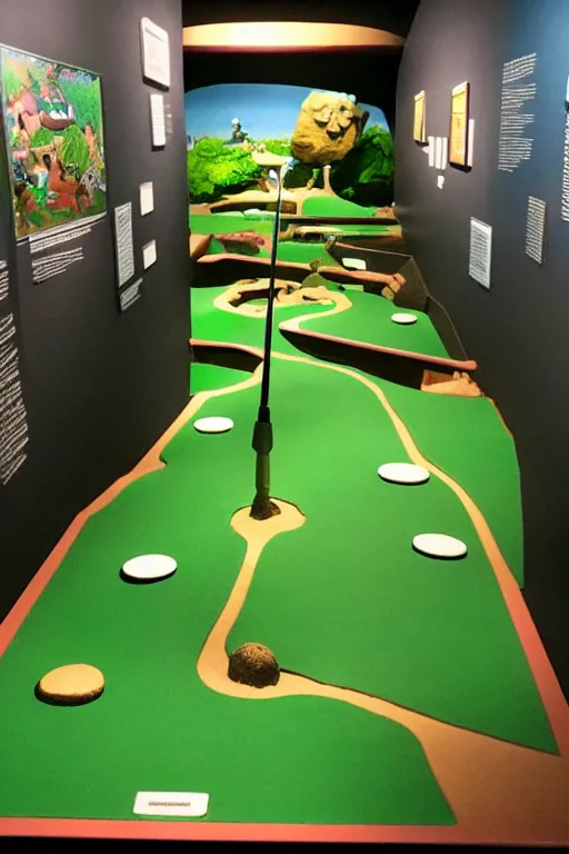 Prompt: poster for mini golf course in a museum, miyazaki movie