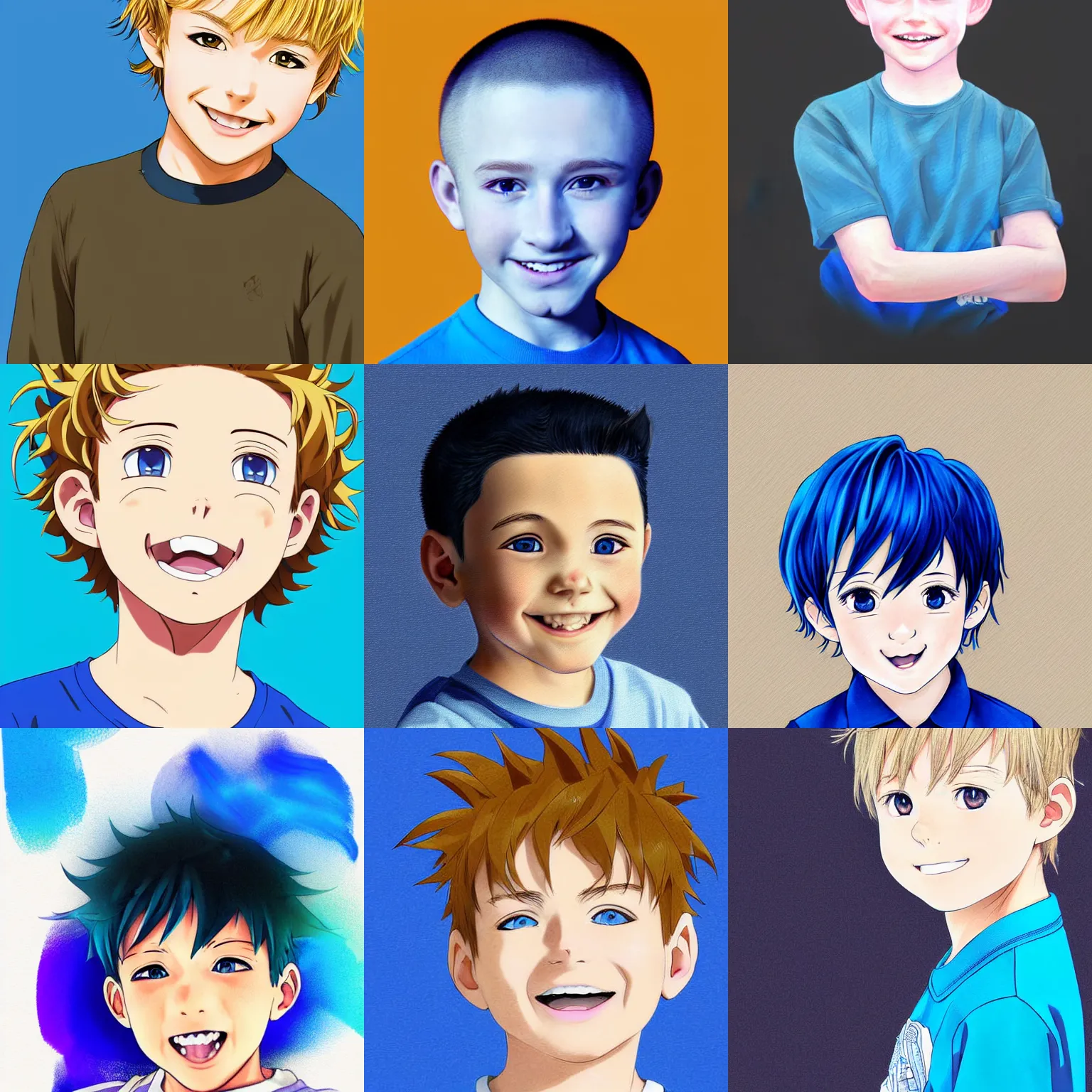 Prompt: A medium shot anime portrait of a young smiling anime boy child with extremely short curly wavy light blonde hair and blue eyes, buzzed sides, blue-eyed, chubby face, very young, 4yr old, medium shot portrait, his whole head fits in the frame, solid color background, flat anime style shading, head shot, 2d digital drawing by Stanley Artgerm Lau, WLOP, Rossdraws, James Jean, Andrei Riabovitchev, Marc Simonetti, and Sakimi chan, trending on artstation