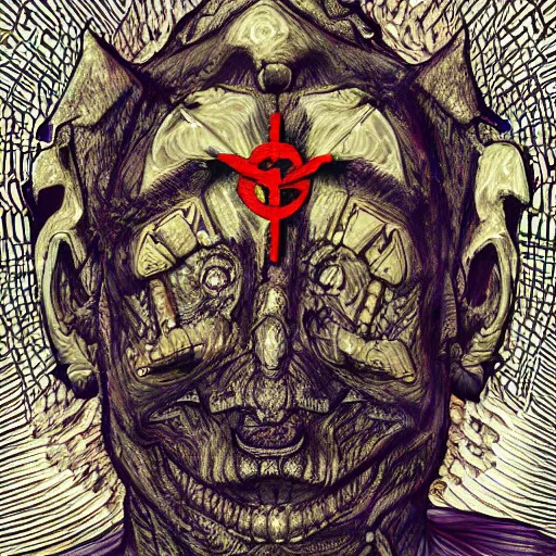 Image similar to portre of an autistic demon on acid, masonic and kabalistic symbols in background, digital art, 8k, delicate details