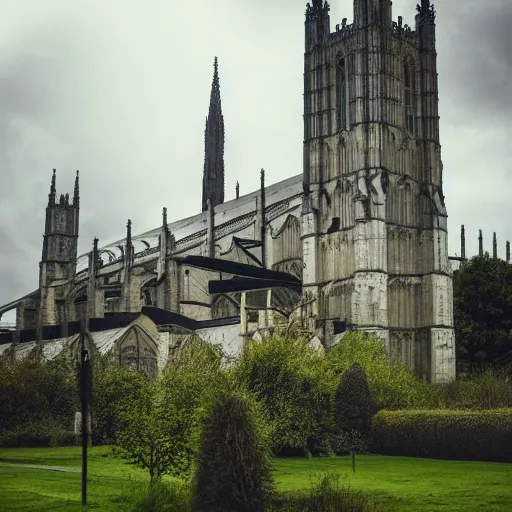 Prompt: Canterbury Cathedral, post-apocalyptic, overgrown, on a rainy day, dramatic lighting, god rays