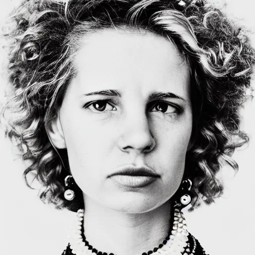 Image similar to symmetrical human portrait of lisa simpson with blonde curly hair, grainy high contrast black and white photography photo print ilford warm tone, she is wearing a delicate pearl necklace