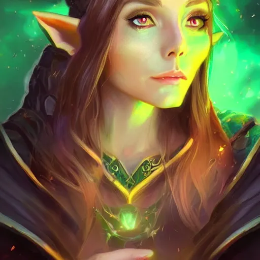 Prompt: beautiful female elf sorcerer, green lighting, elizabeth olsen face, in hearthstone art style, epic fantasy style art, fantasy epic digital art, epic fantasy card game art