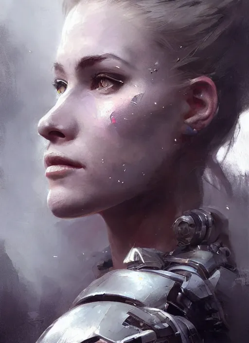 Prompt: beautiful painting by jeremy mann, a female paladin with mecha implants absurdly beautiful, elegant, ultrafine hyperrealistic detailed face illustration by wlop and artgerm and greg rutkowski, intricate linework, sharp focus, smooth, octopath traveler, final fantasy, unreal engine, dramatic lighting, ethereal, 8 k