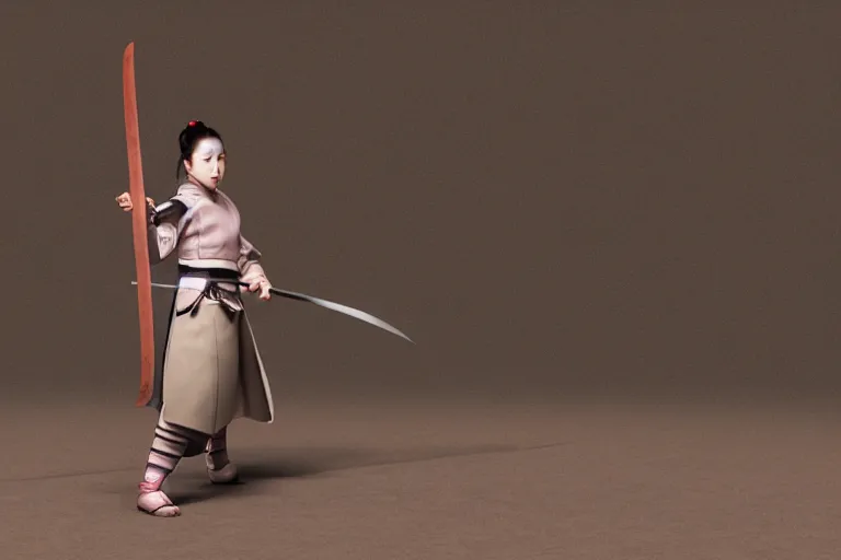 Image similar to beautiful photo of a young female samurai, practising sword stances, symmetrical face, beautiful eyes, realistic anime art style, large oversized anime style sword, highly detailed, 8 k, award winning photo, muted pastels, action photography, 1 / 1 2 5 shutter speed, dramatic lighting