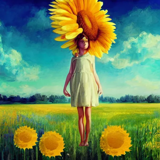 Prompt: head made of giant daisies, girl standing barefoot in a vast flower field, surreal photography, sunrise dramatic light, impressionist painting, colorful clouds, large sky, digital painting, artstation, simon stalenhag, flower face