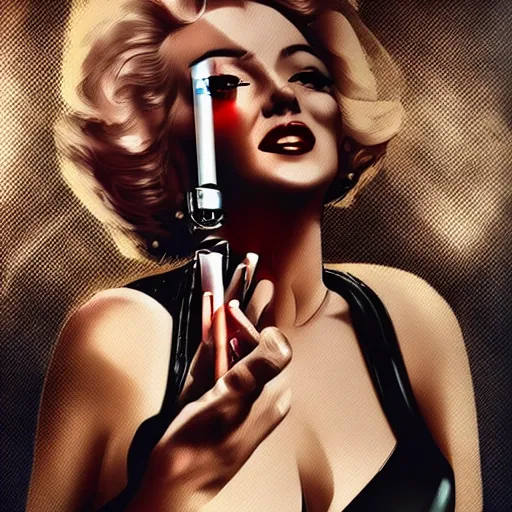 Image similar to marilyn monroe cyberpunk, cigarette dangling, grenade in hand, by pascal blanche, ultradetailed, 8 k