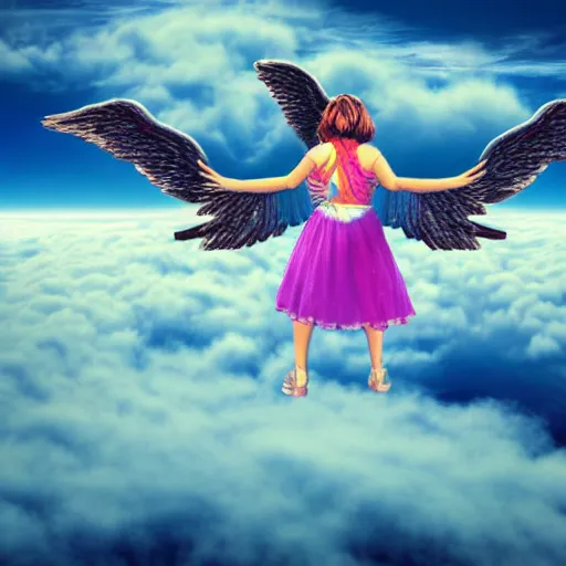 Image similar to A goddess and an angel flying above the clouds