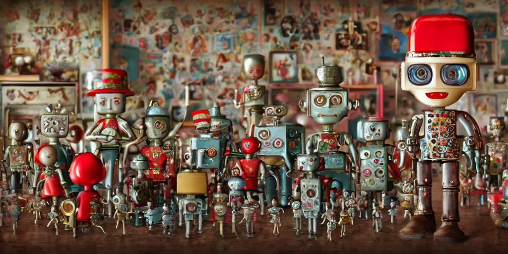 Prompt: closeup portrait of tin toy soldiers retro living room of robot family, depth of field, zeiss lens, detailed, centered, fashion photoshoot, by nicoletta ceccoli, mark ryden, lostfish, breathtaking, 8 k resolution, extremely detailed, beautiful, establishing shot, artistic, hyperrealistic, octane render, - h 8 0 4