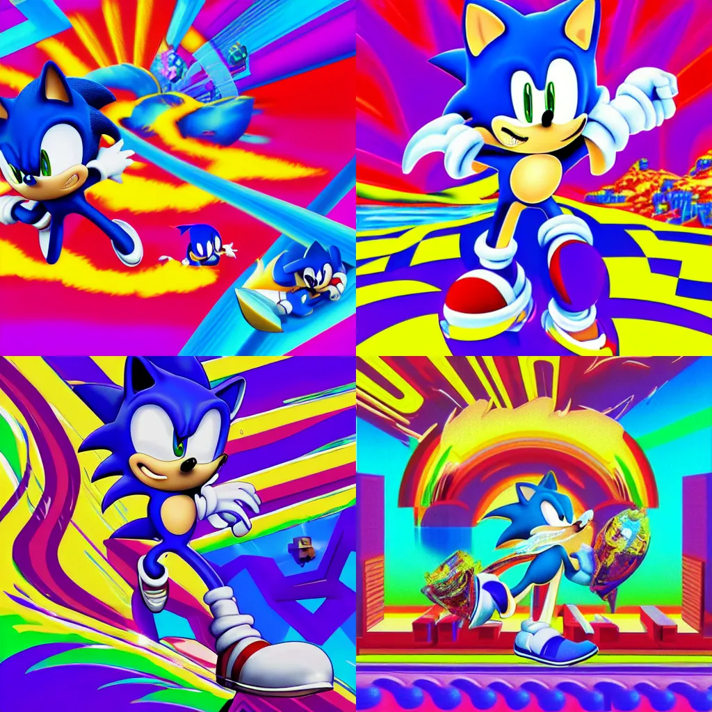 Prompt: sonic the hedgehog in a surreal, sharp, detailed professional, high quality airbrush vaporwave art MGMT album cover of a liquid dissolving LSD DMT sonic the hedgehog surfing through pixel lands, purple checkerboard background, 1990s 1992 Sega Genesis video game album cover sonic