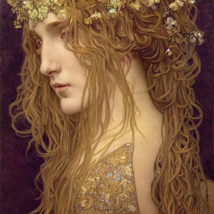 Image similar to detailed realistic beautiful young medieval queen face portrait by jean delville, alphonse mucha, vincent van gogh, and marco mazzoni, art nouveau, symbolist, visionary, gothic, pre - raphaelite