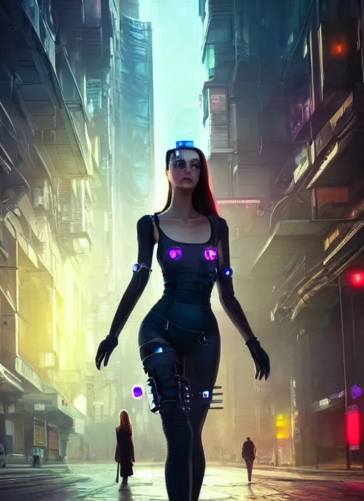 Image similar to photo of a beautiful woman walking through a cyberpunk city, full body, hyper realistic, 8 k, dslr, unreal engine, highly detailed, science fiction portrait by laura sava