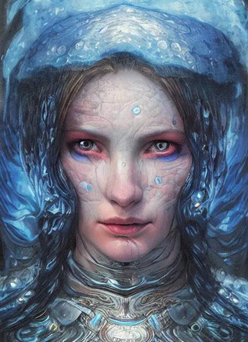 Image similar to biblical shy beautiful female ice mage android, heavy eyes to the side, closeup, bright glowing veins and eyes, in clouds, sunset, portrait, by gerald brom, by mikhail vrubel, by peter elson, muted colors, extreme detail, reflections, trending on artstation, 8 k