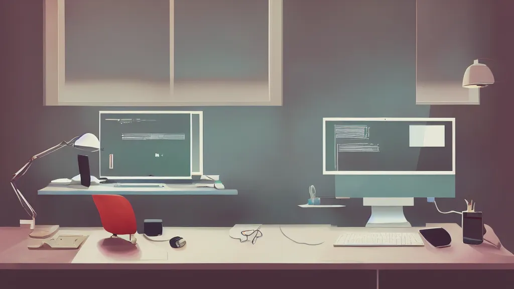 Prompt: stylized retro minimalist design, the desk of a famous web designer working with apple computer, loftis, cory behance hd, by moebius, makoto shinkai and lois van baarle, ilya kuvshinov, rossdraws global illumination