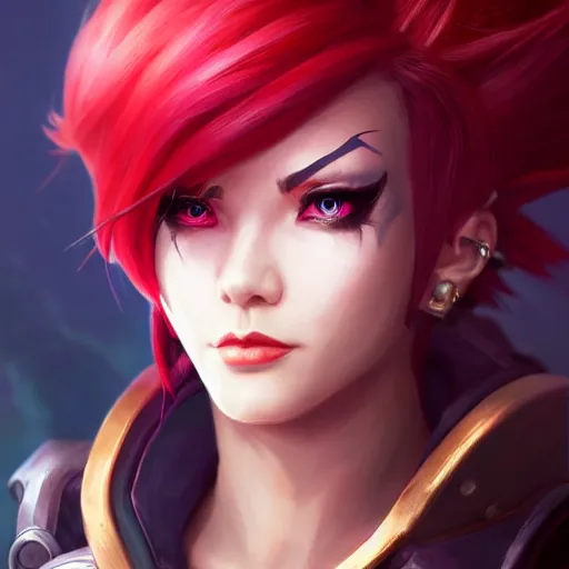 Image similar to portrait of Vi from League of Legends, by Fortiche Studio, from Netflix's Arcane, trending on artstation,fine details, angry look, realistic shaded, fine-face, Steampunk city on the background, red hair, award winning, painted texture, pretty face,by Artgerm