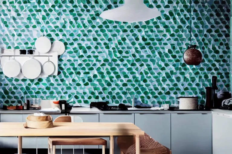 Image similar to IKEA catalogue, vaporwave kitchen with geometric tiles, gaudi