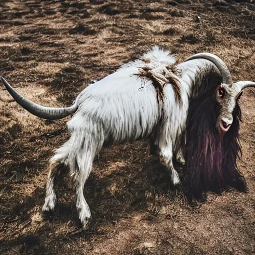 Image similar to horror photography, cinematic, daytime, wide shot, mutant goat monster with a mouth crammed full of sharp teeth, filthy matted fur and mountain goat horns, village square