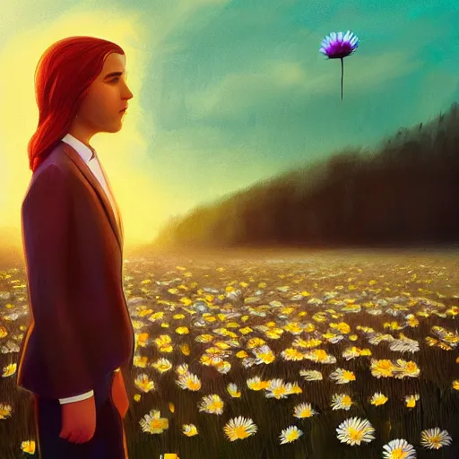Prompt: enlarged daisy flower as a head, frontal, a girl in a suit, surreal photography, sunrise, dramatic light, impressionist painting, digital painting, artstation, simon stalenhag